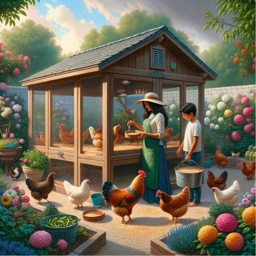 Daily chicken coop duties in a garden setting.