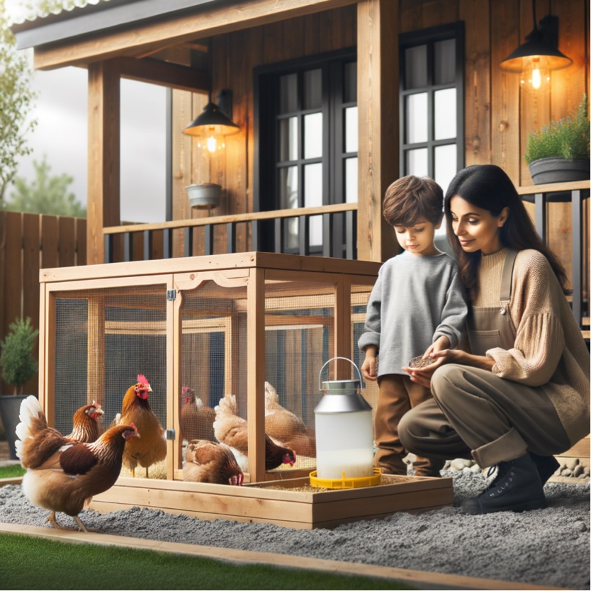 Mother and Xon taking care of their chickens.