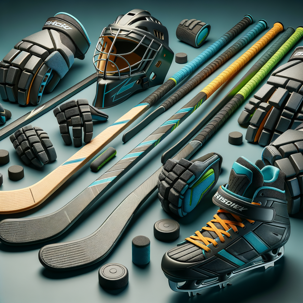 A high-resolution image showcasing modern composite hockey sticks and protective gear. This could include details like stick flexibility and padding on gloves.