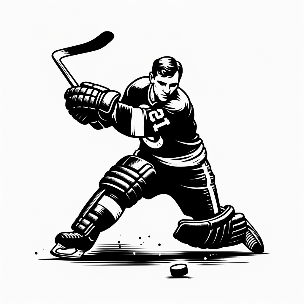 A black-and-white photo of Bobby Hull executing a famous slap shot. This image should represent the historical roots and legendary moments in slap shot history.