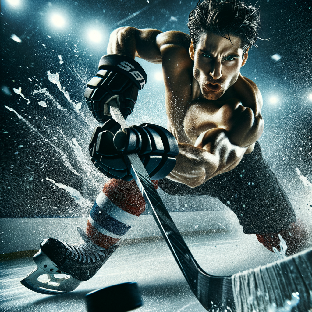 A dynamic action shot of a hockey player mid-slap shot, ice flying from the stick's powerful contact with the puck. This image should capture the essence of speed and strength that characterizes a well-executed slap shot.