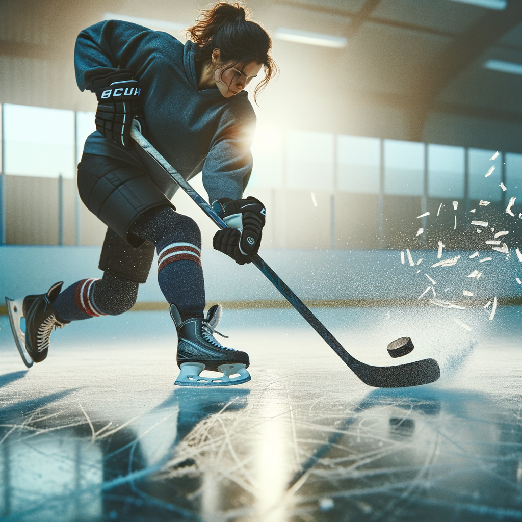 An image of a player practicing slap shots on the ice, focusing on the intensity and dedication required in training. This should convey the hard work behind mastering the shot.