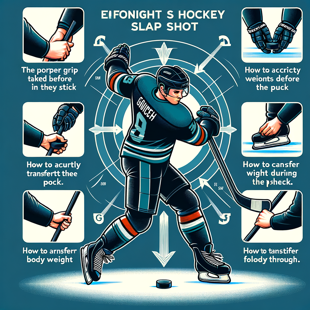An infographic illustrating the mechanics of a slap shot, highlighting key components like grip, stance, weight transfer, and follow-through. This can be used to visually explain the sections about technique.