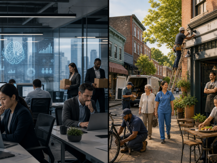 Split-screen illustration of a corporate office affected by AI restructuring beside local small businesses hiring workers.