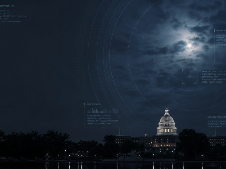 Abstract editorial image of a night sky, government building silhouette, radar graphics, and an ambiguous light representing renewed UFO and UAP interest.