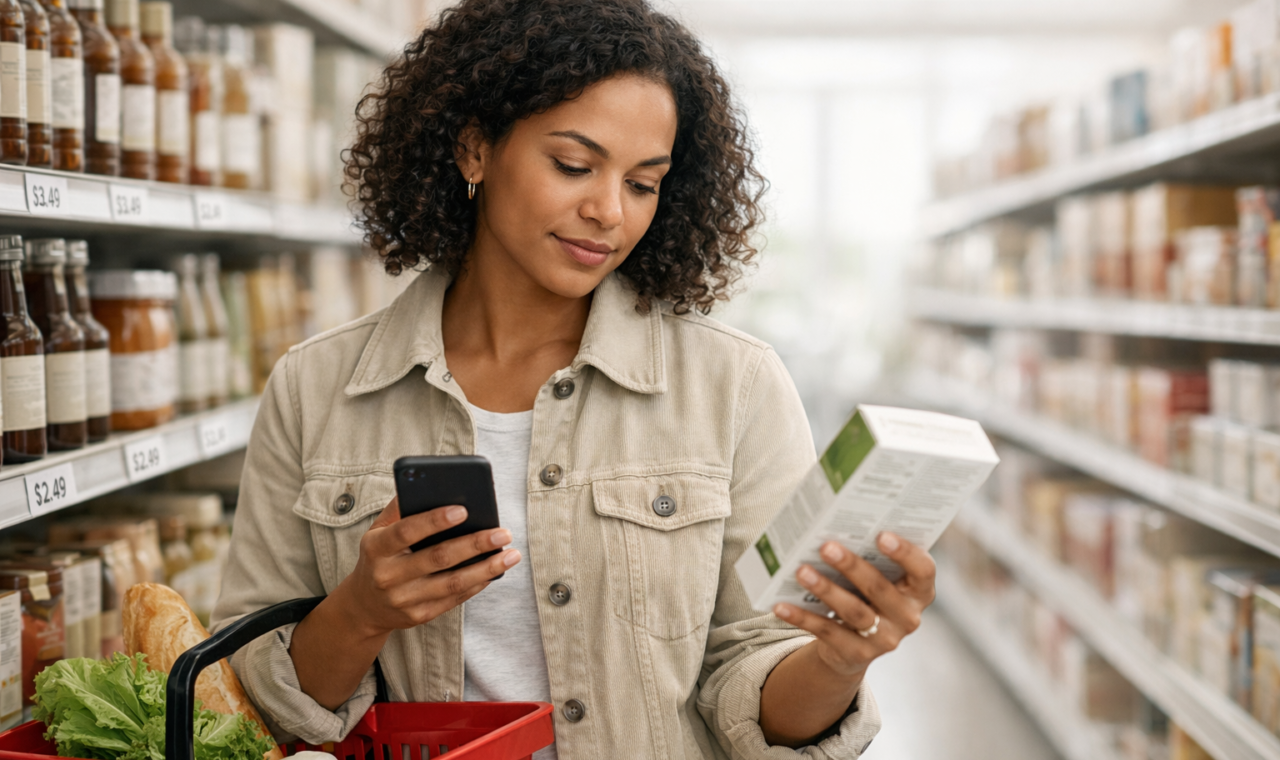 A shopper comparing prices on a smartphone in a modern grocery store aisle.