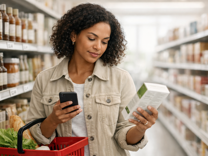 A shopper comparing prices on a smartphone in a modern grocery store aisle.