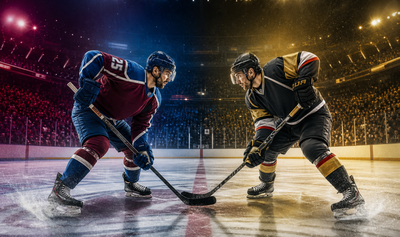 Generic hockey players facing off on an ice rink with Colorado-inspired and Vegas-inspired colors for a Western Conference Final preview.