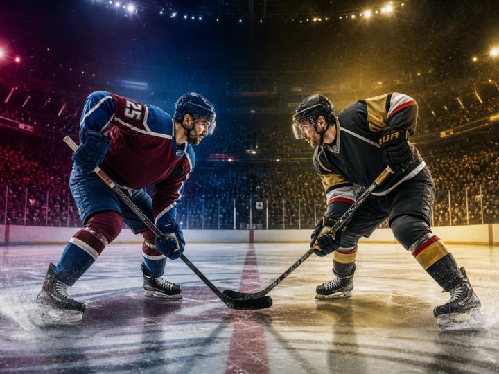 Generic hockey players facing off on an ice rink with Colorado-inspired and Vegas-inspired colors for a Western Conference Final preview.