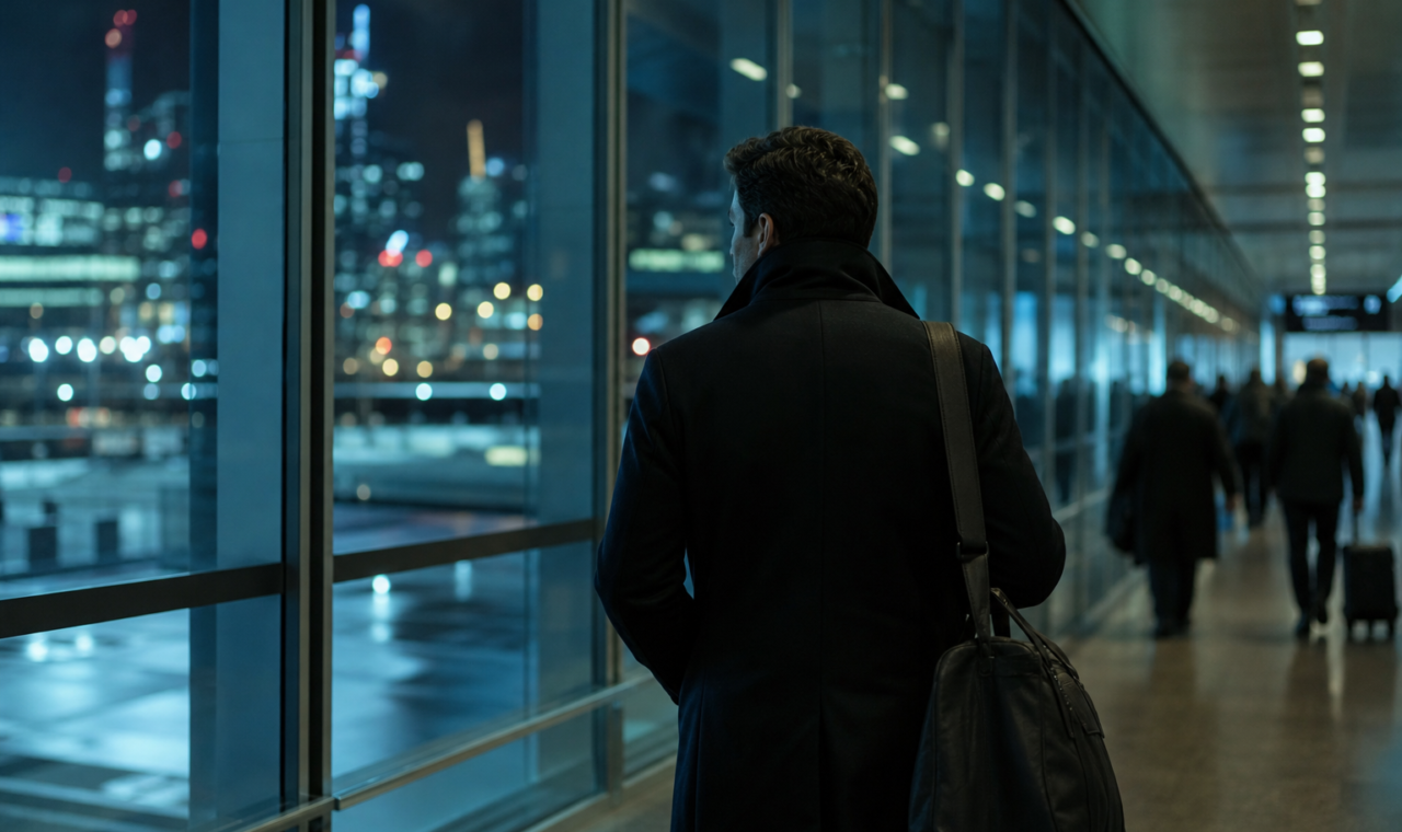 A cinematic spy-thriller scene with a traveler in an airport corridor and city lights beyond glass.