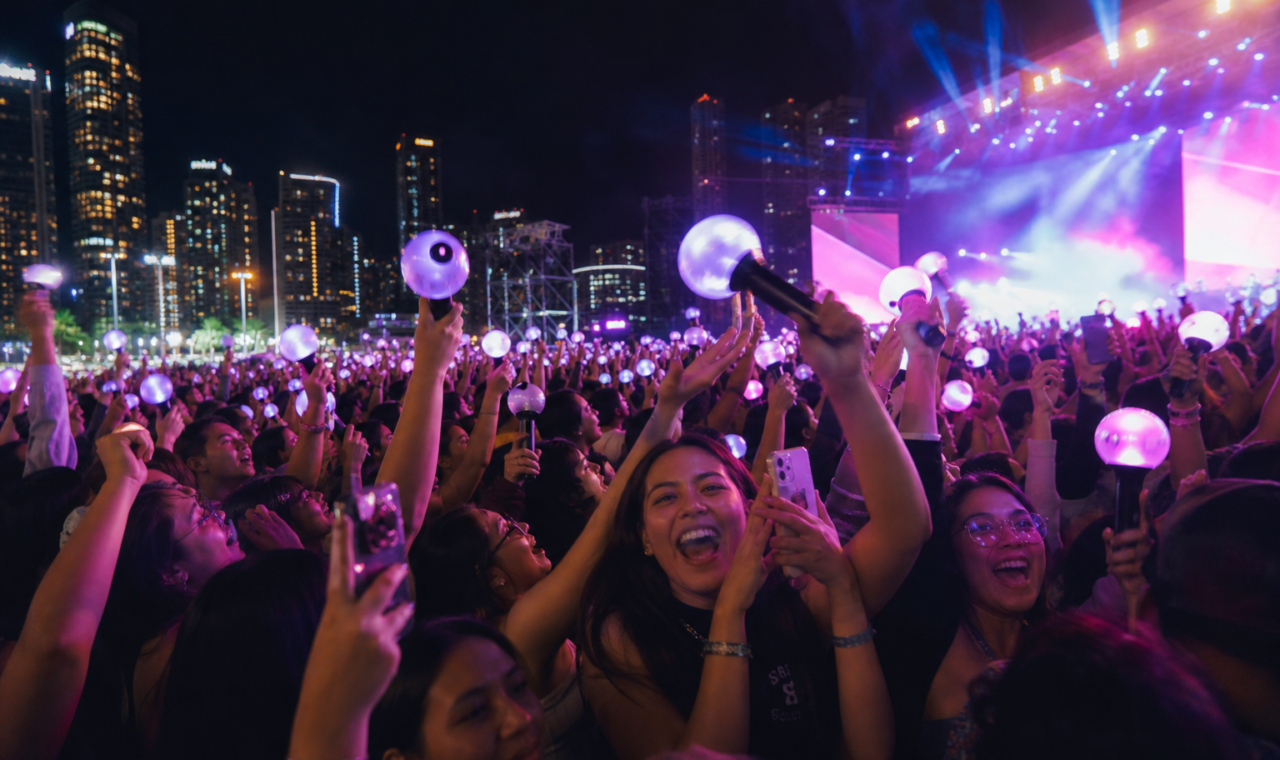 Latin American pop fans at a night concert holding light sticks and phones in a colorful crowd.