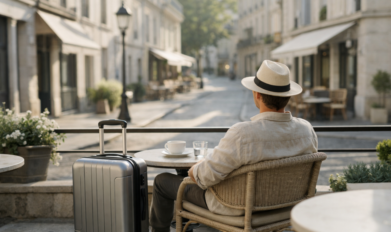 A relaxed traveler at a sunlit café terrace, representing slower and more intentional travel.