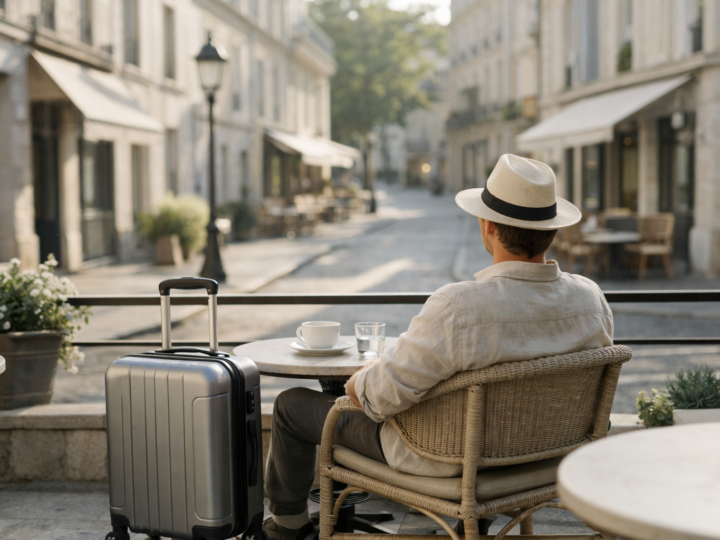 A relaxed traveler at a sunlit café terrace, representing slower and more intentional travel.