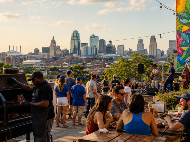 Kansas City summer travel scene with barbecue, music, sports energy, and downtown skyline.