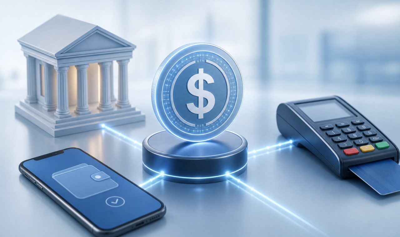 Digital dollar token connected to banking and payment symbols, representing stablecoins moving into mainstream finance.