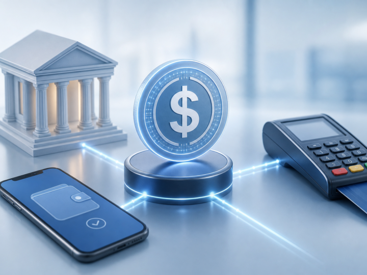 Digital dollar token connected to banking and payment symbols, representing stablecoins moving into mainstream finance.