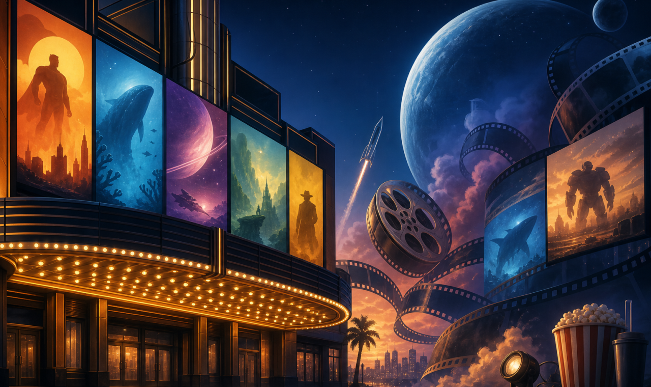 A modern cinema-themed editorial image representing summer 2026 movies, streaming, sequels, superheroes, animation, and familiar fictional worlds.