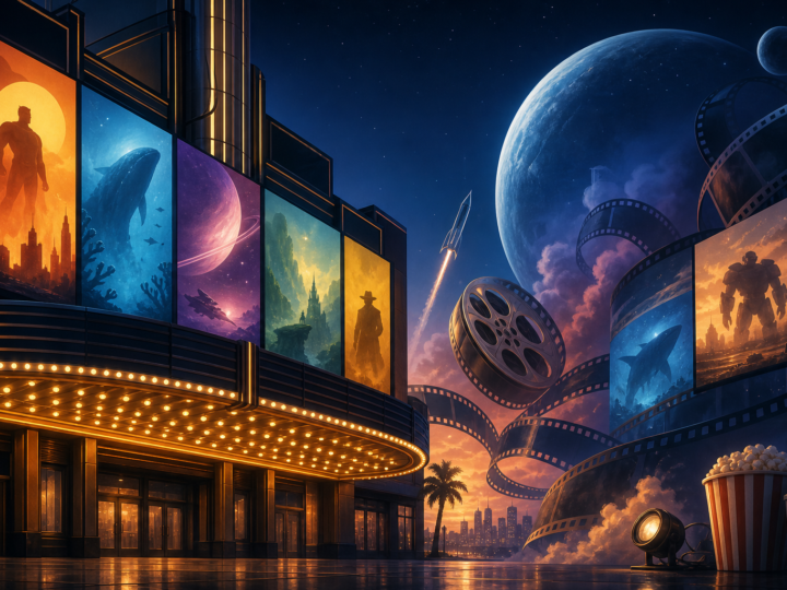 A modern cinema-themed editorial image representing summer 2026 movies, streaming, sequels, superheroes, animation, and familiar fictional worlds.