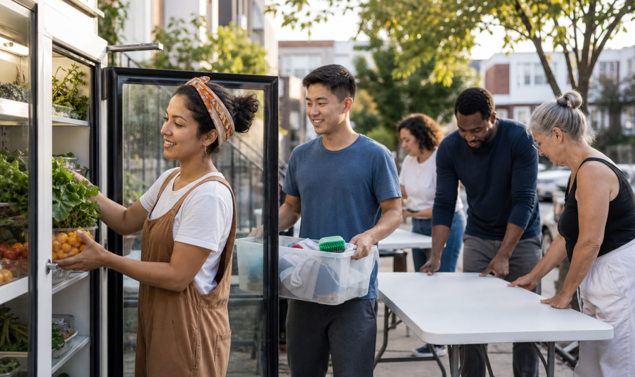Neighbors take part in everyday volunteering by organizing food, cleanup supplies, and community event tables.