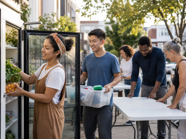 Neighbors take part in everyday volunteering by organizing food, cleanup supplies, and community event tables.