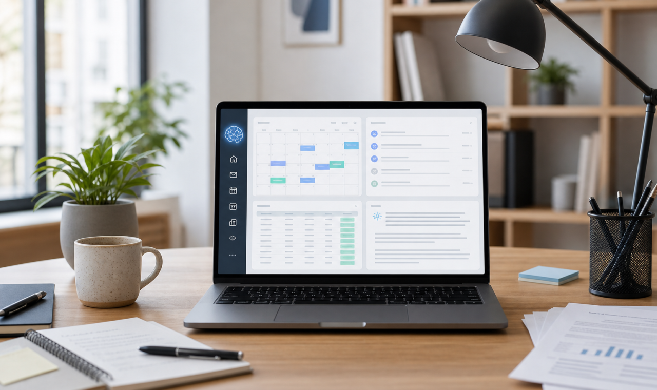 Modern workplace desk with subtle AI-assisted productivity tools shown on a laptop screen.
