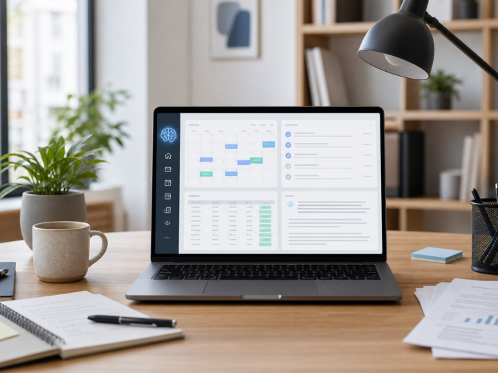 Modern workplace desk with subtle AI-assisted productivity tools shown on a laptop screen.