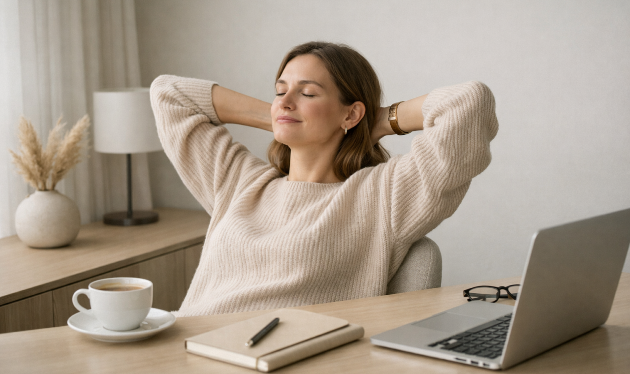 A modern professional taking a calm break from work in a clean, editorial-style setting.