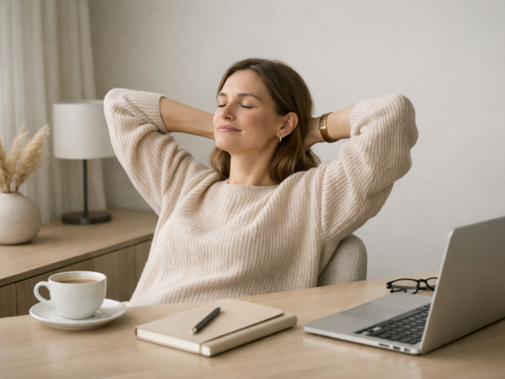 A modern professional taking a calm break from work in a clean, editorial-style setting.