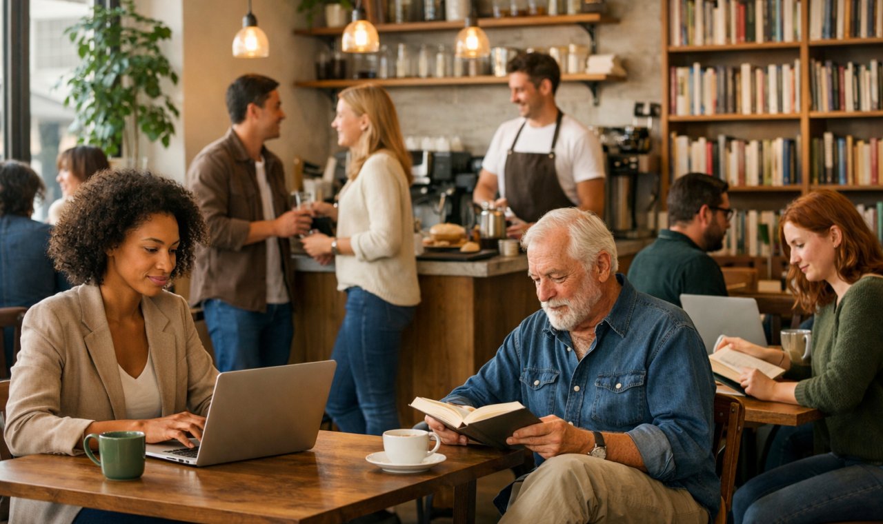 A modern café and bookstore setting with people quietly reading, working, and chatting in a welcoming third place.