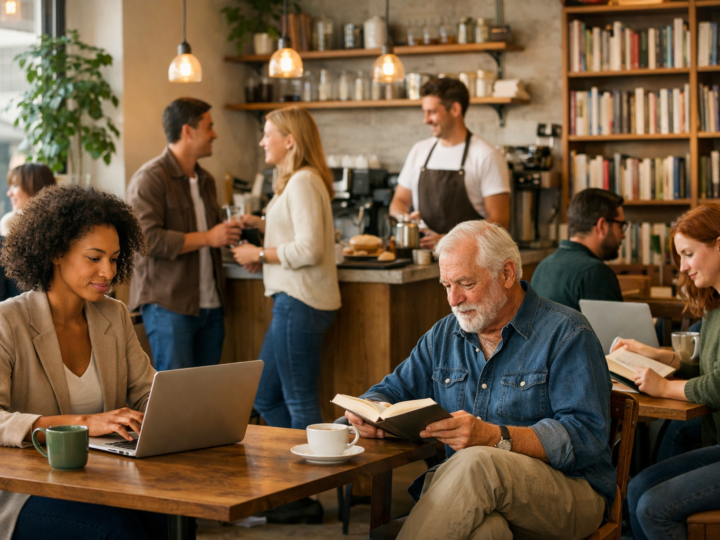 A modern café and bookstore setting with people quietly reading, working, and chatting in a welcoming third place.