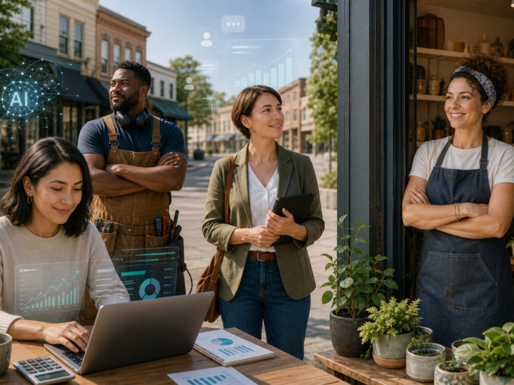 Small business owners and independent professionals using digital tools in a modern Main Street setting.