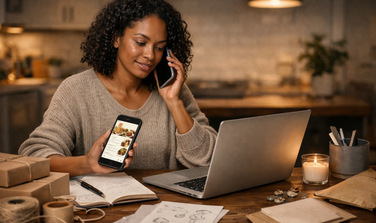 A professional worker managing a side hustle at a laptop in a modern home workspace.