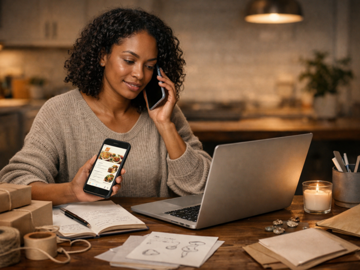 A professional worker managing a side hustle at a laptop in a modern home workspace.