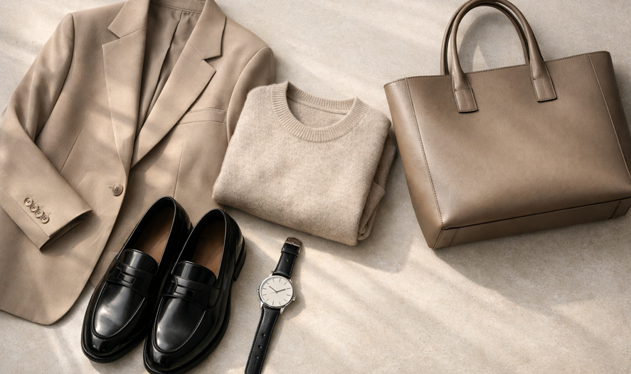 Minimalist luxury fashion flat lay with neutral clothing, leather shoes, a watch, and a tote bag.