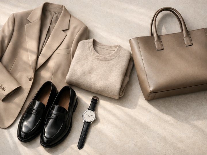 Minimalist luxury fashion flat lay with neutral clothing, leather shoes, a watch, and a tote bag.
