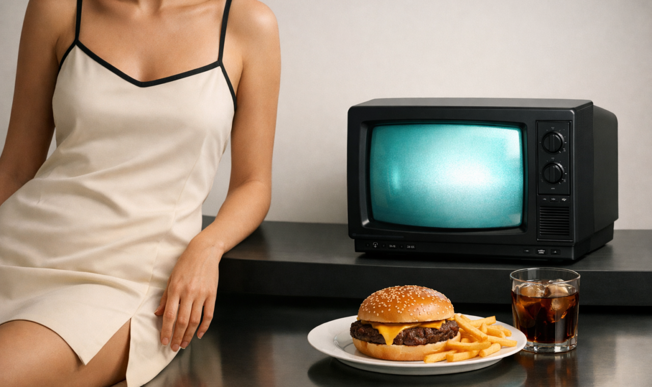 Editorial image showing fashion, television, and food elements with subtle nostalgic styling.