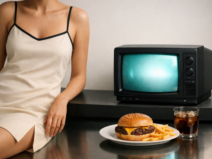 Editorial image showing fashion, television, and food elements with subtle nostalgic styling.