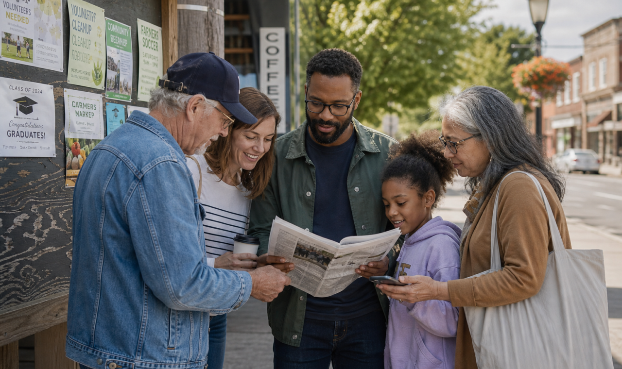 Neighbors gather in a local community setting, reflecting a renewed interest in hopeful and grounded good news stories.