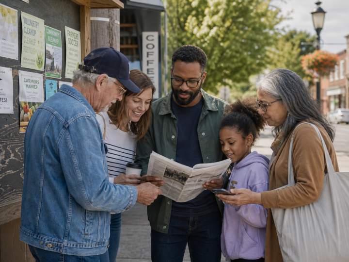Neighbors gather in a local community setting, reflecting a renewed interest in hopeful and grounded good news stories.