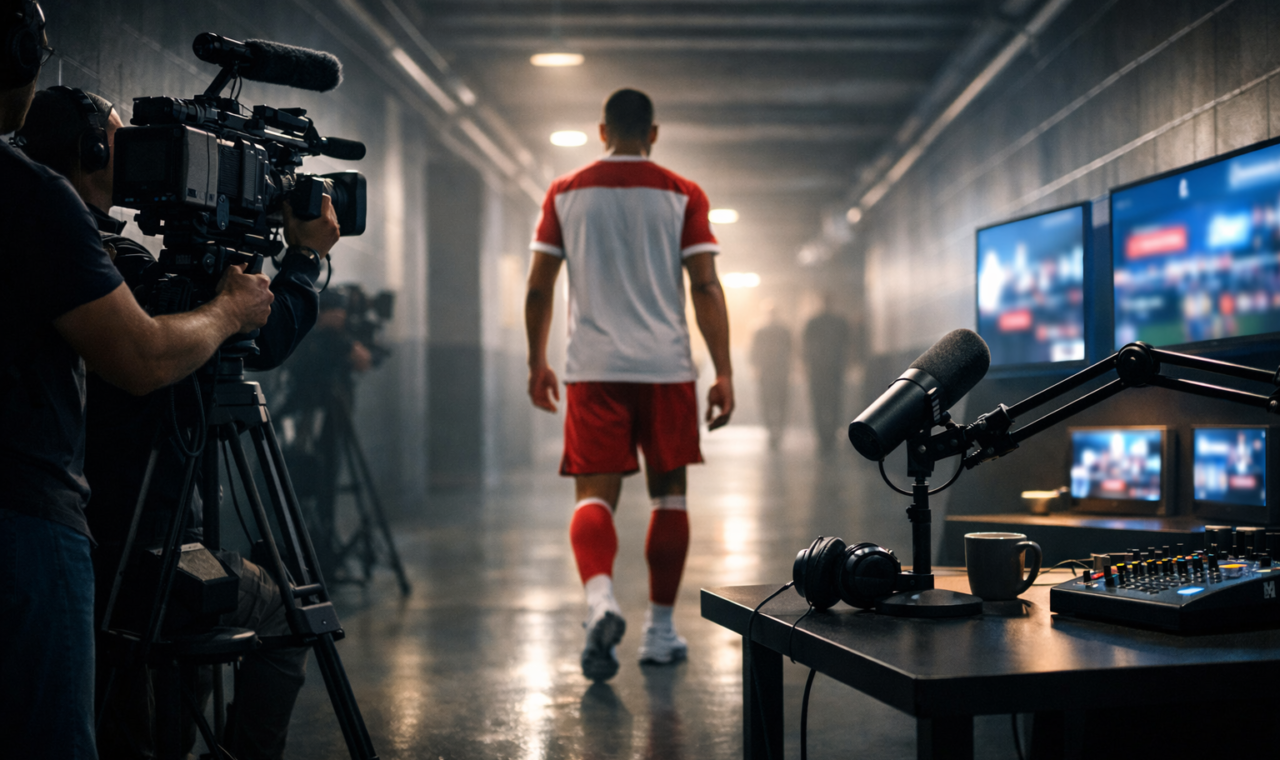 An athlete walking past cameras and media equipment in a modern sports setting, suggesting behind-the-scenes storytelling.