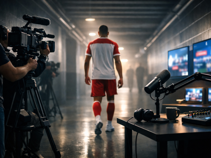 An athlete walking past cameras and media equipment in a modern sports setting, suggesting behind-the-scenes storytelling.