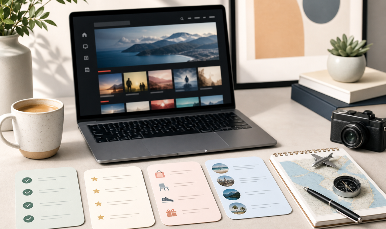 A clean editorial arrangement of list cards, checkmarks, and lifestyle planning items representing curated recommendations.