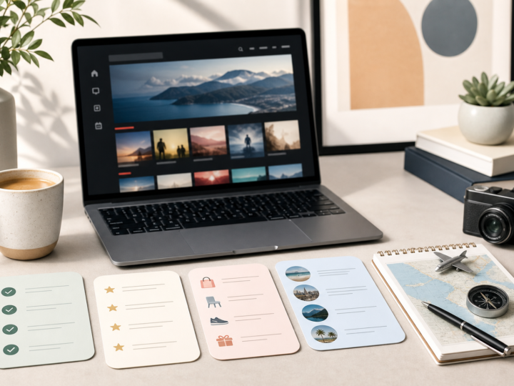 A clean editorial arrangement of list cards, checkmarks, and lifestyle planning items representing curated recommendations.