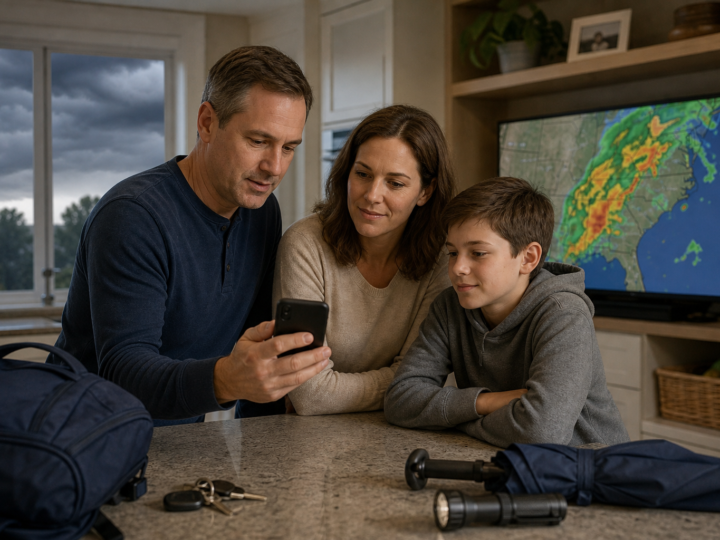 A family checks a smartphone weather alert at home while a weather radar map appears on a television in the background.