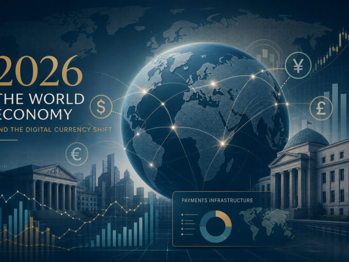 Abstract global finance network showing digital currency infrastructure, central banks, and economic data in a modern editorial style.